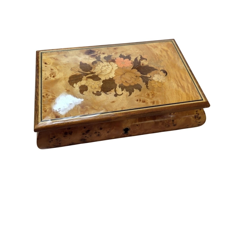VTG Reuge Burl Wood Floral Inlay Music Jewelry Box Sound Of Music Italy Working